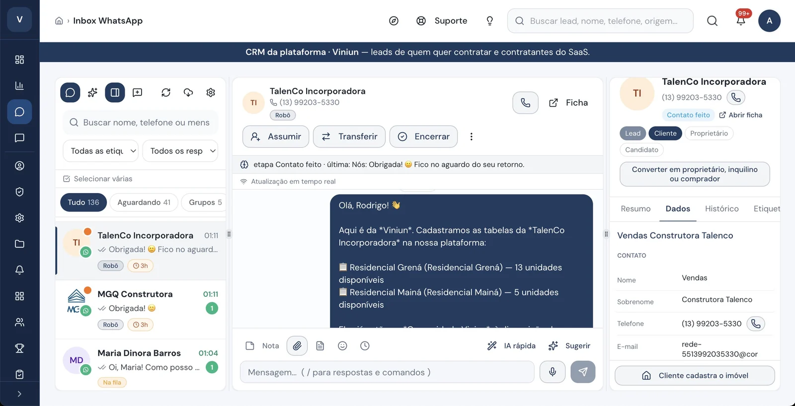 Tela real: Inbox WhatsApp da Viniun