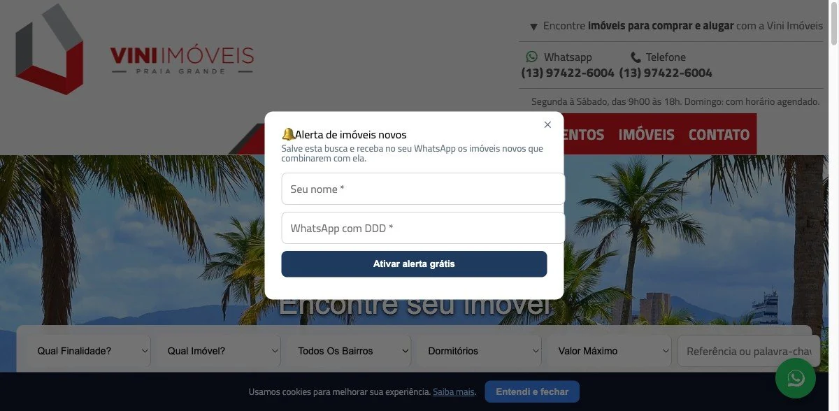 Site da imobiliária com alerta de imóveis