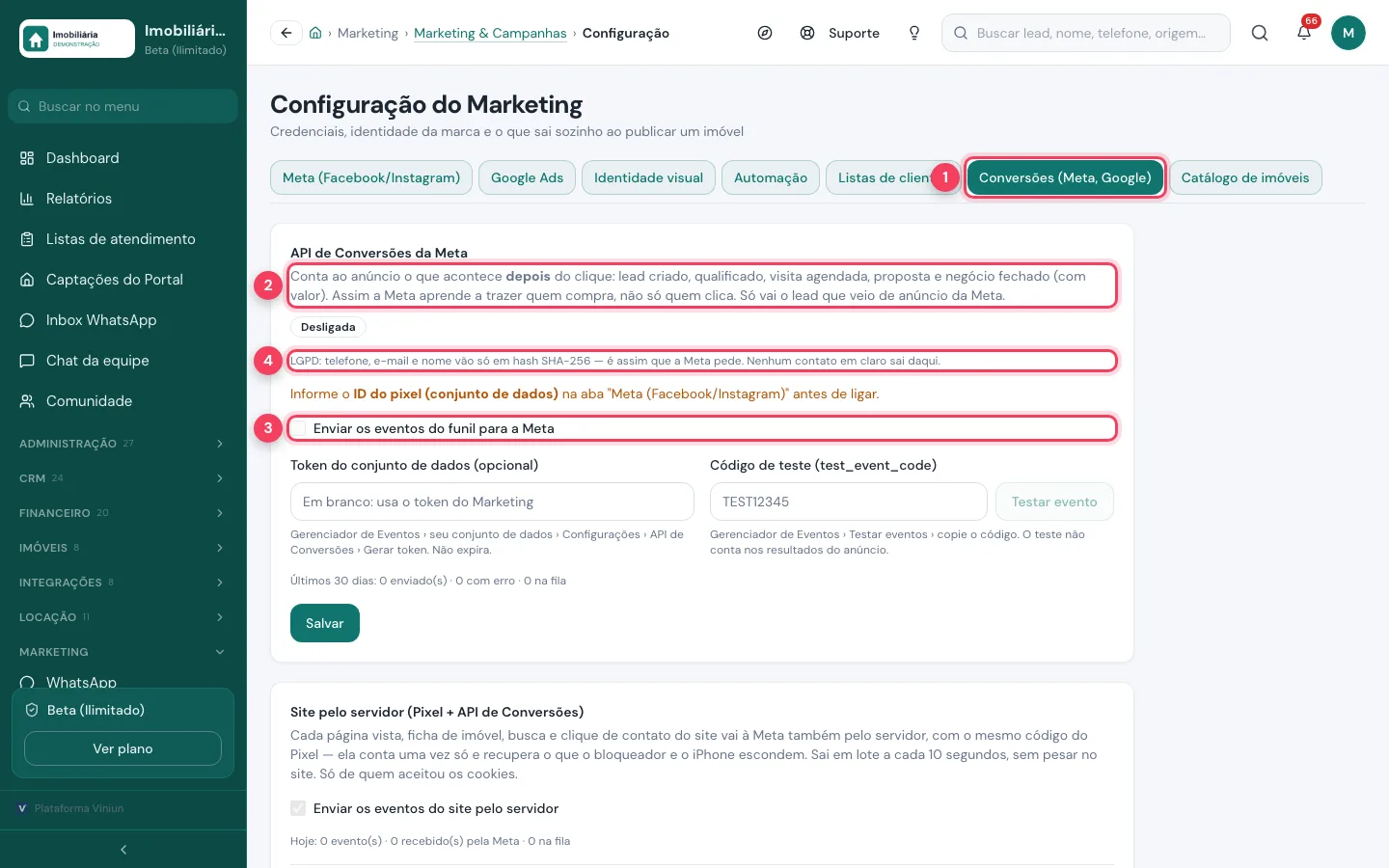 Aba Conversões com a API de Conversões da Meta