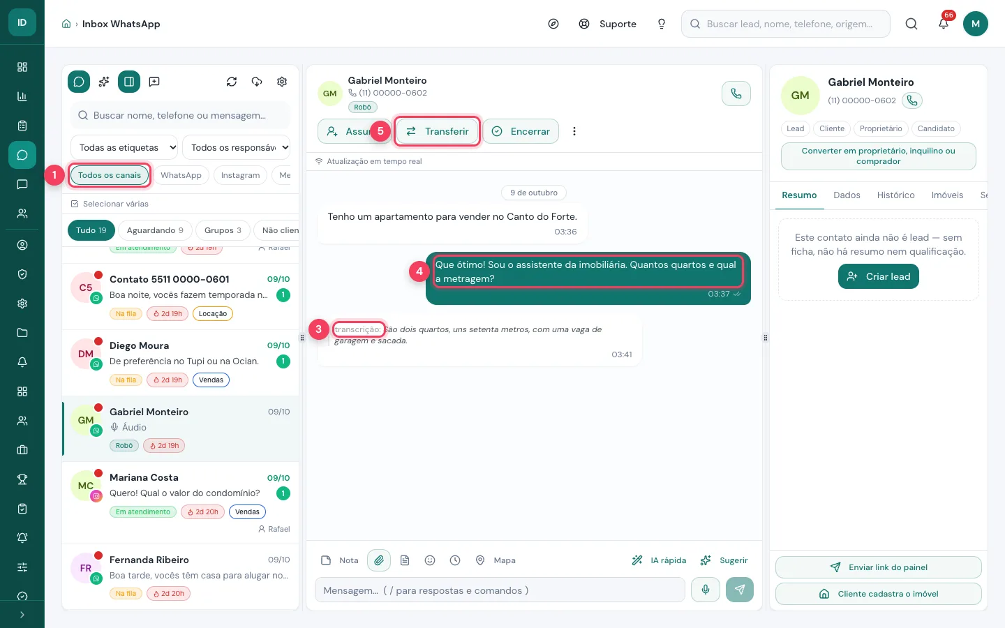 Caixa de conversas da Viniun com WhatsApp, Instagram e Messenger e o robô respondendo um áudio