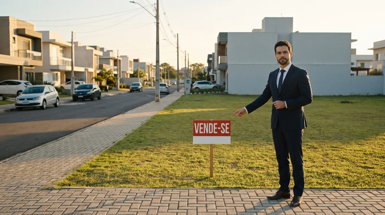 Corretor de imoveis mostrando um terreno a venda em rua asfaltada