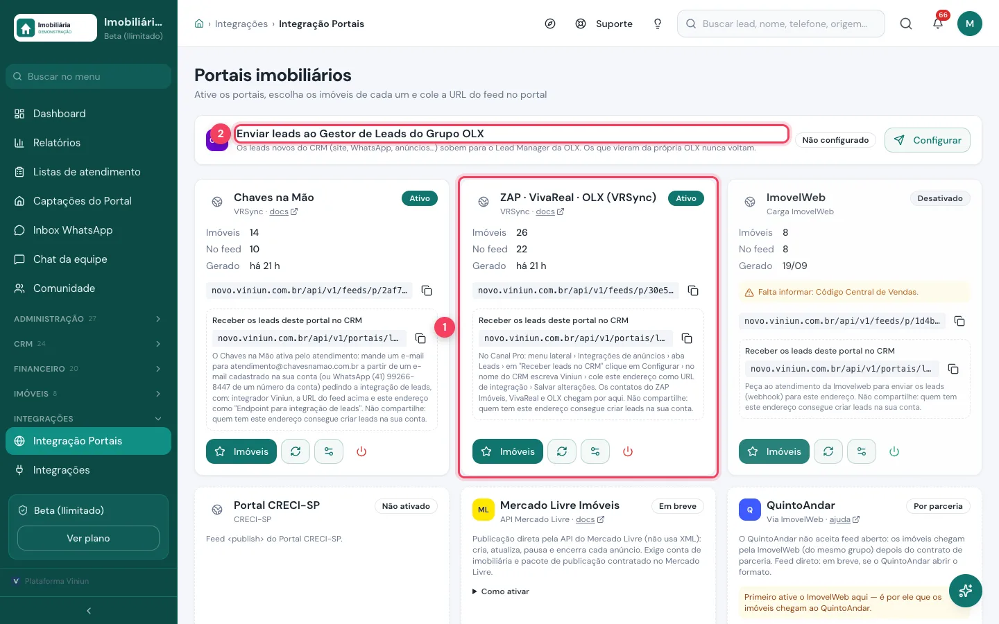 Tela de portais imobiliários da Viniun com o feed VRSync ativo