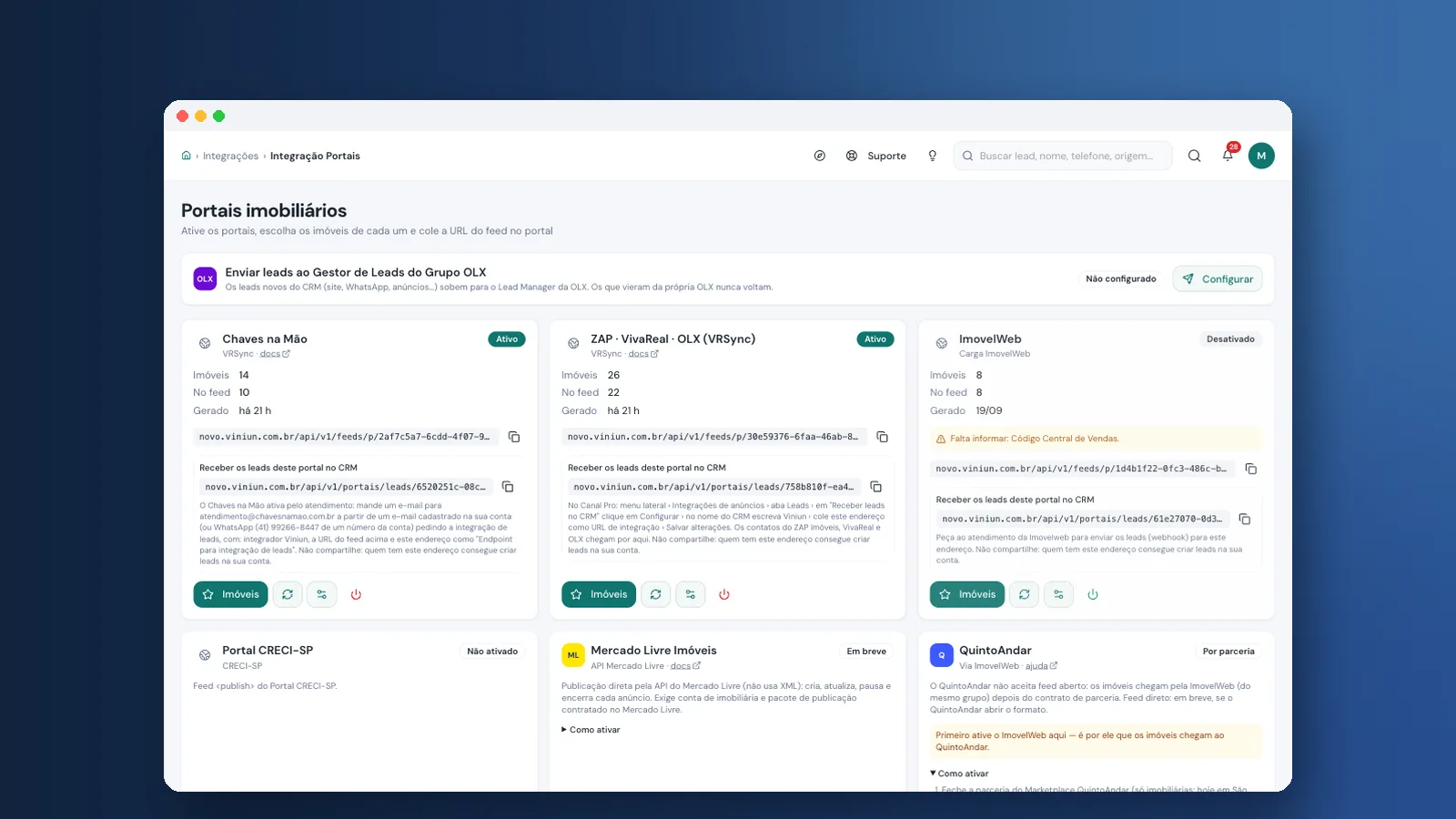 Integração com portais imobiliários: ZAP, OLX e leads no CRM