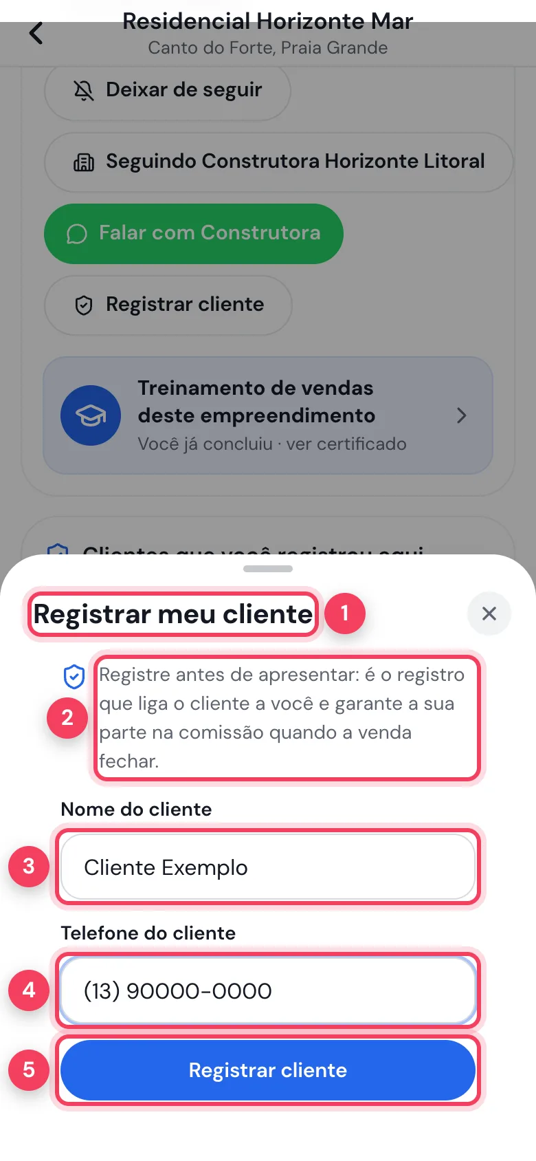 Janela Registrar meu cliente no celular com nome e telefone do cliente