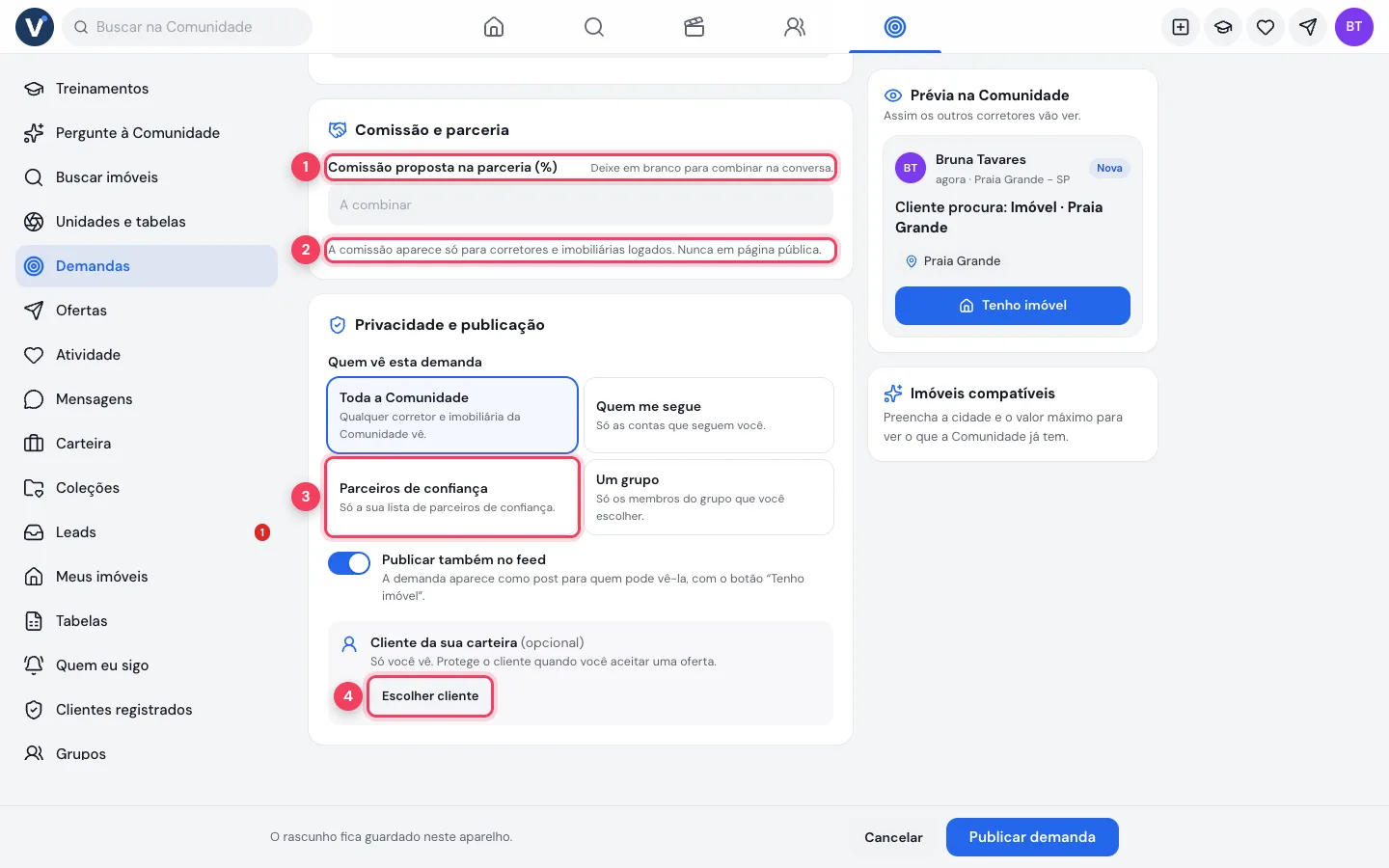 Formulário de nova demanda com comissão proposta na parceria e opções de privacidade