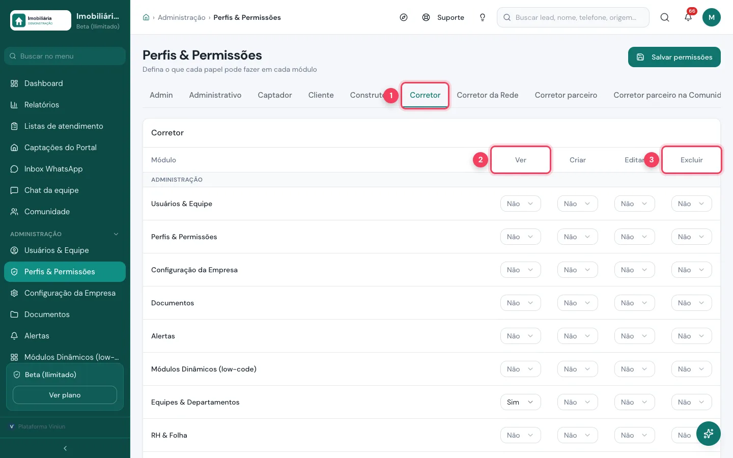 Tela de perfis e permissões da Viniun com as colunas ver, criar, editar e excluir
