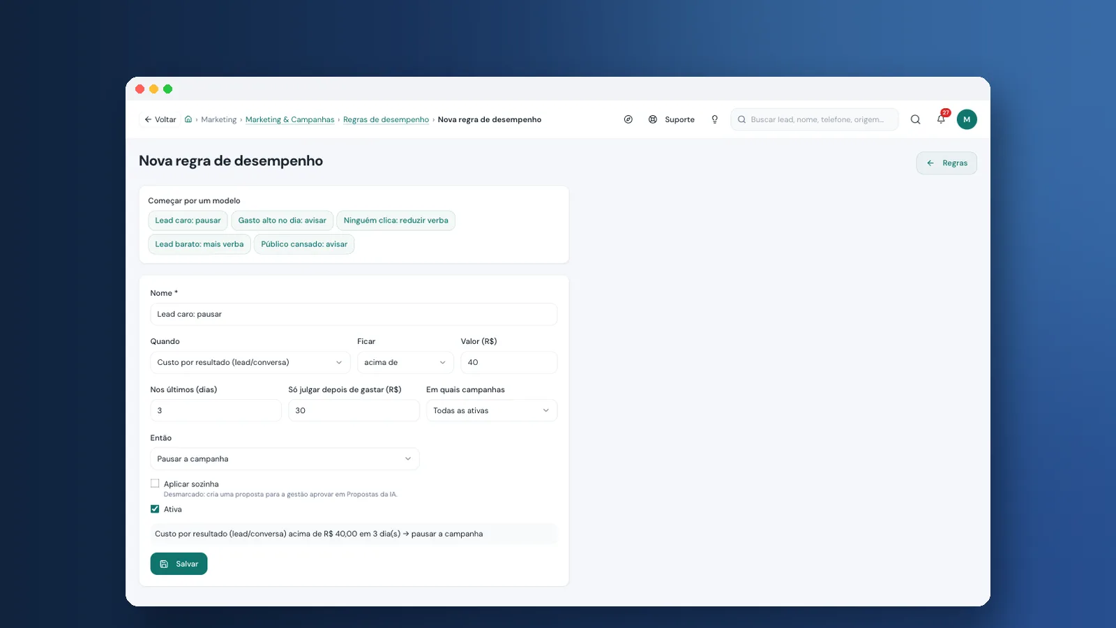 Regras automáticas de anúncios e teste A/B para imobiliária