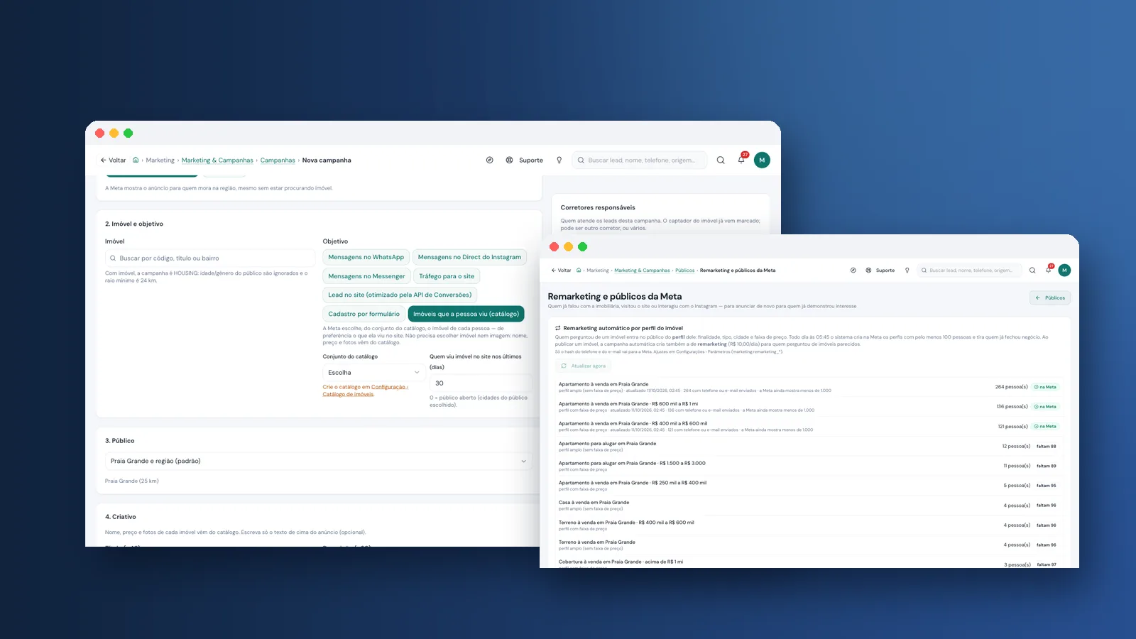 Telas do remarketing dinâmico e dos públicos da Meta no sistema Viniun