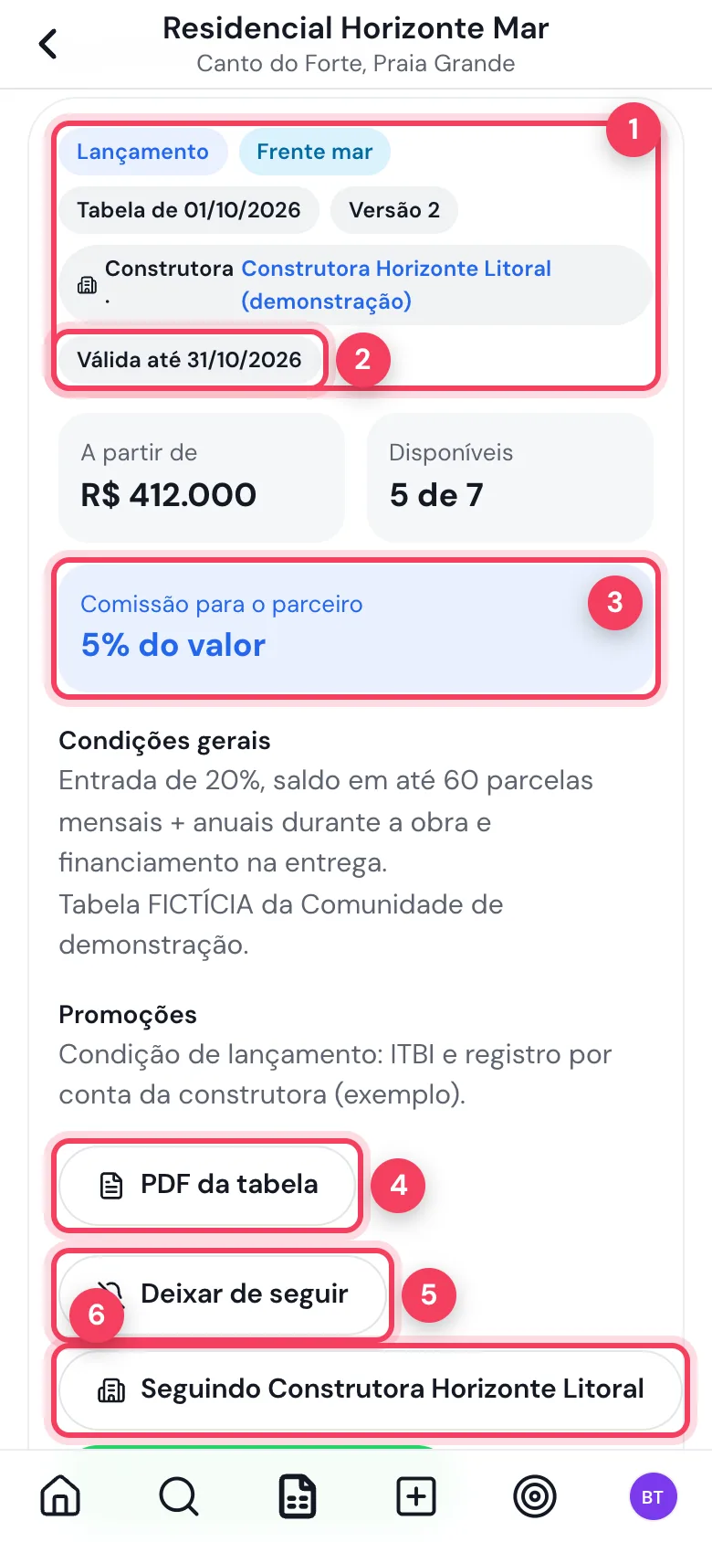 Tabela aberta no celular com data, versão, validade, comissão para o parceiro e botões para seguir a tabela e a construtora