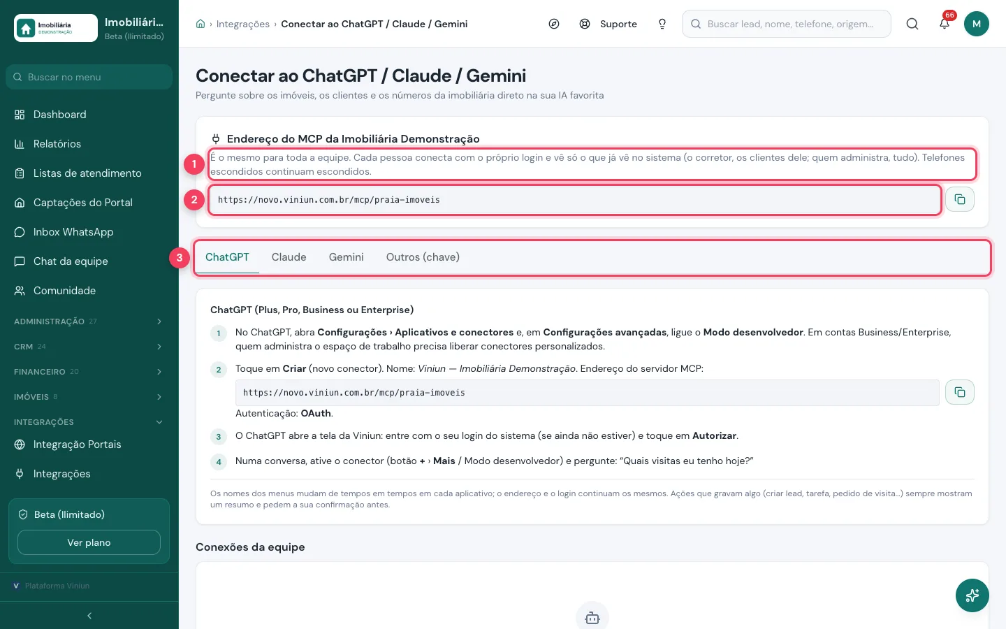 Tela da Viniun para conectar o ChatGPT, o Claude e o Gemini