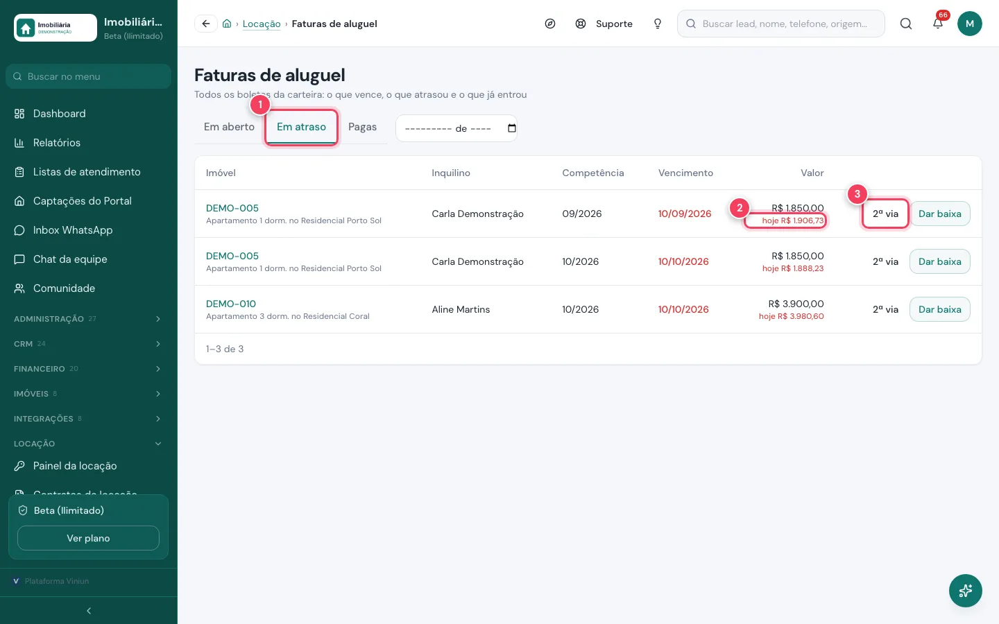 Tela Faturas de aluguel na aba Em atraso com o valor atualizado de hoje e o botão 2ª via