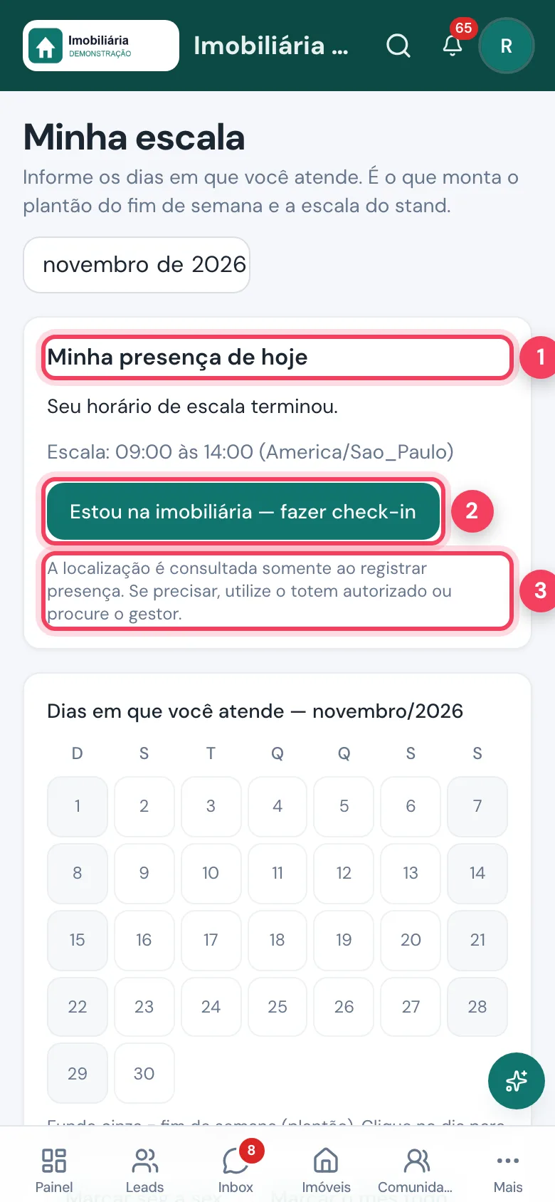 Tela Minha escala no celular do corretor, com o botão de check-in de presença