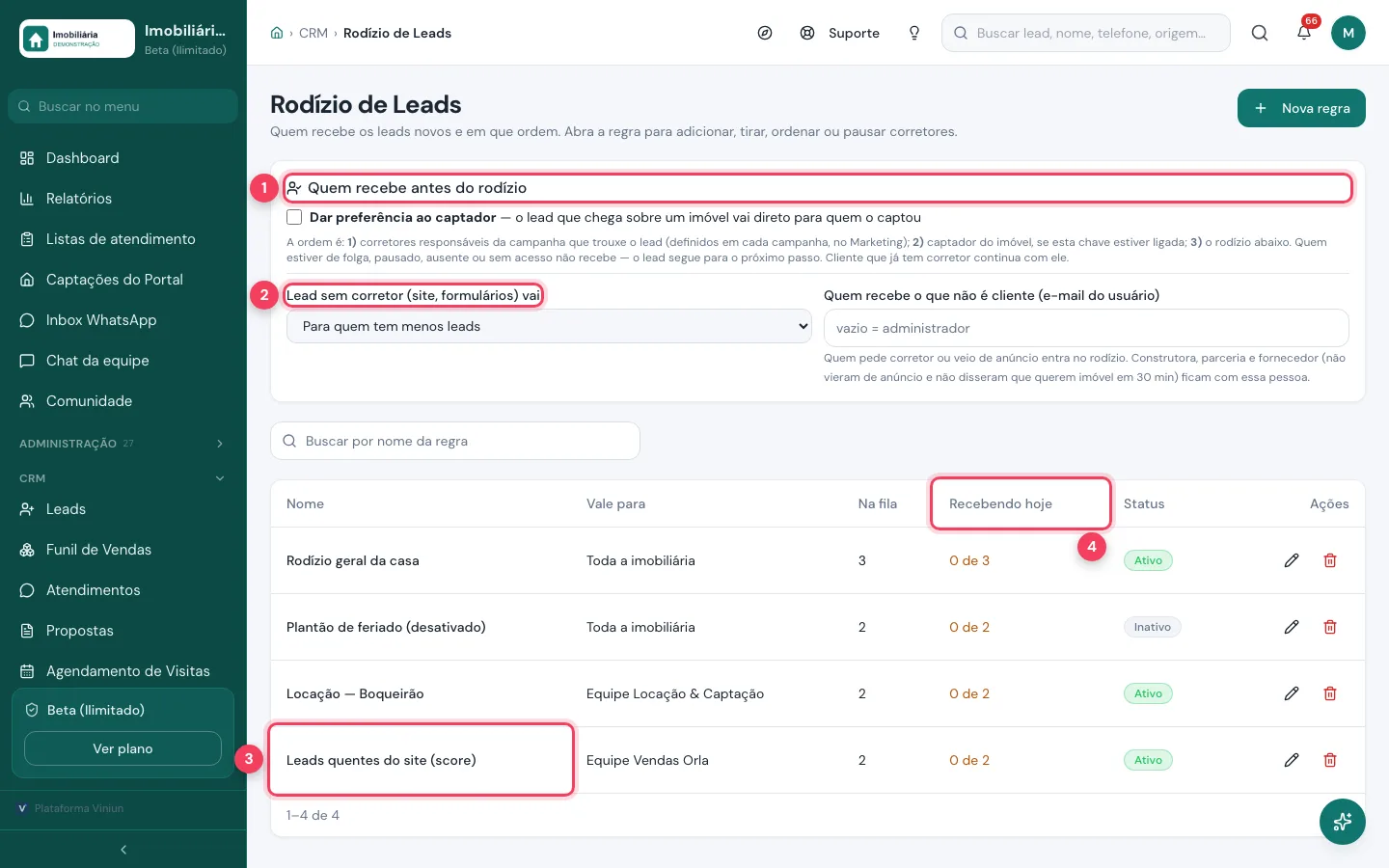 Tela Rodízio de Leads da Viniun com as regras, quem recebe antes do rodízio e quem está recebendo hoje