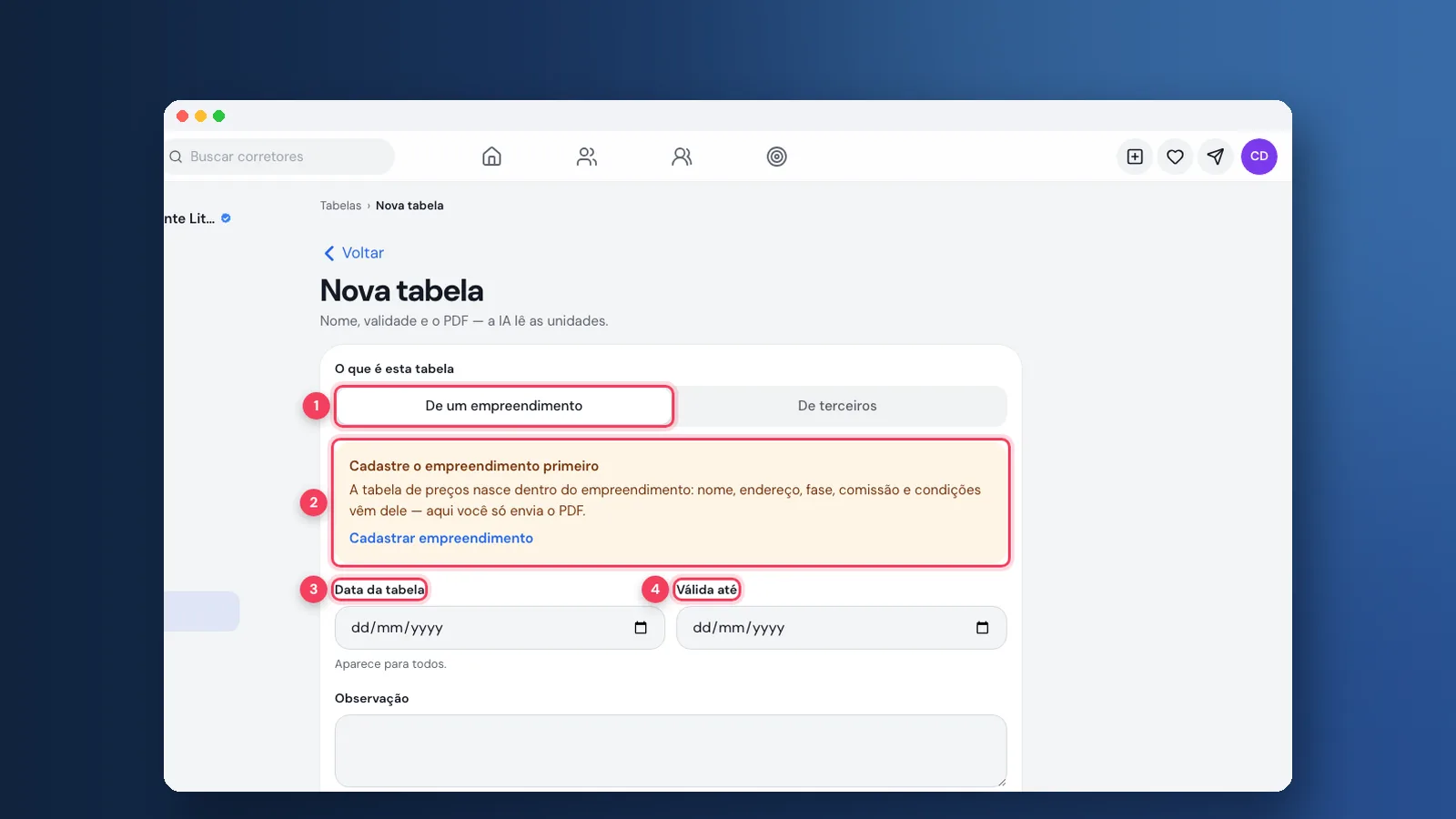 Tutorial: empreendimentos e tabelas da construtora na Viniun