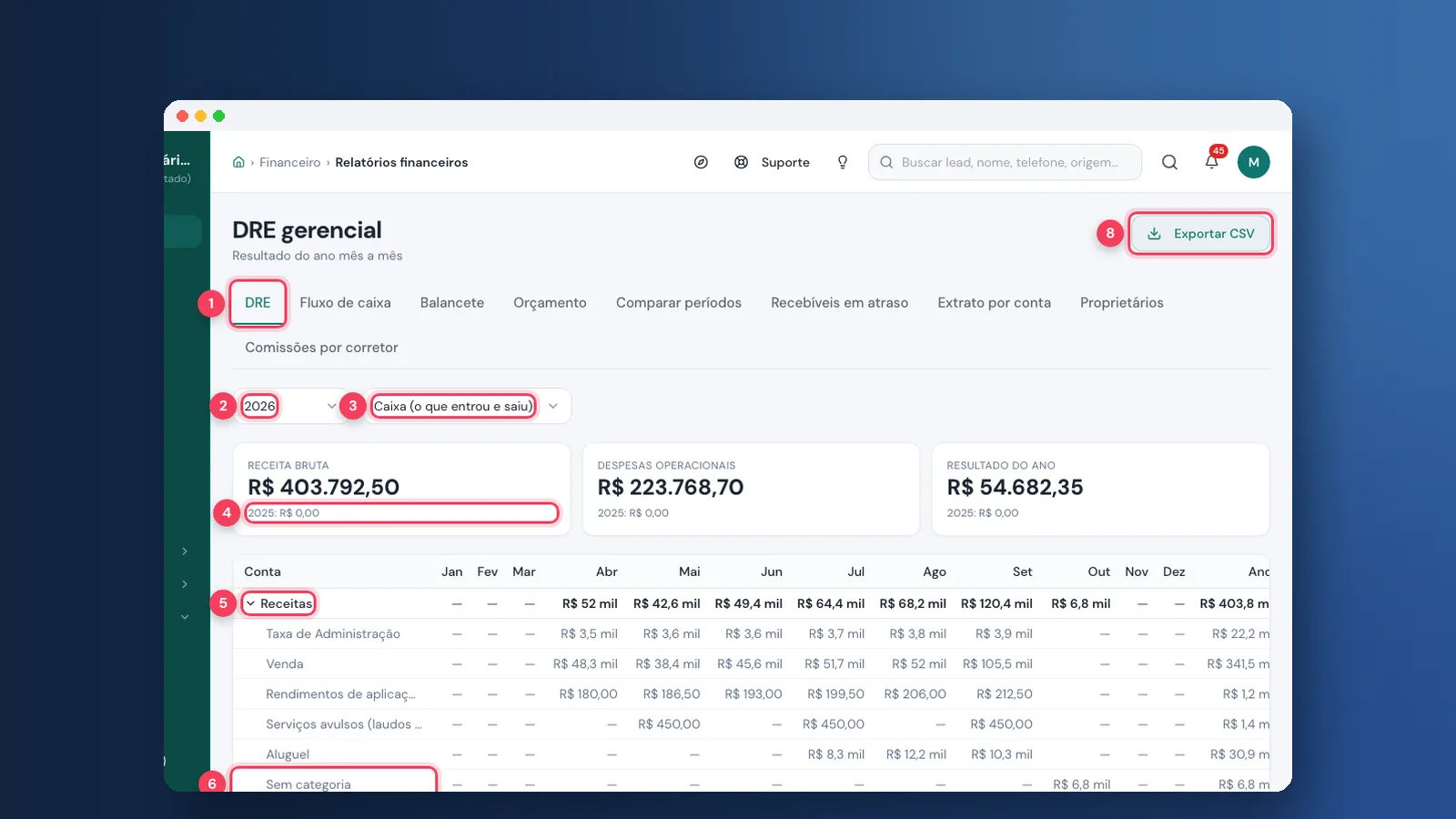 Tutorial: DRE e fluxo de caixa da imobiliária, com orçamento