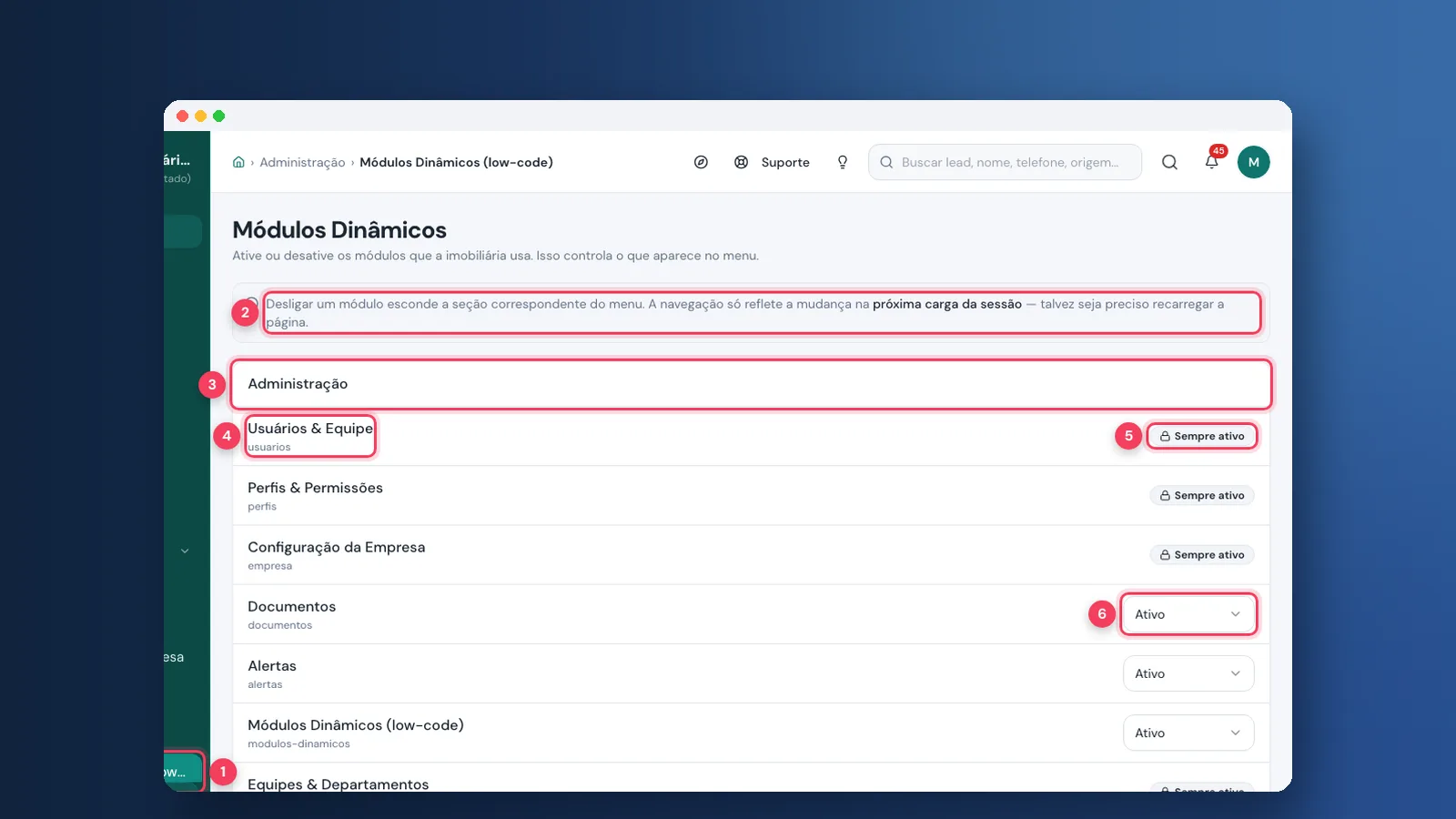 Tutorial: módulos dinâmicos, equipes e departamentos na Viniun