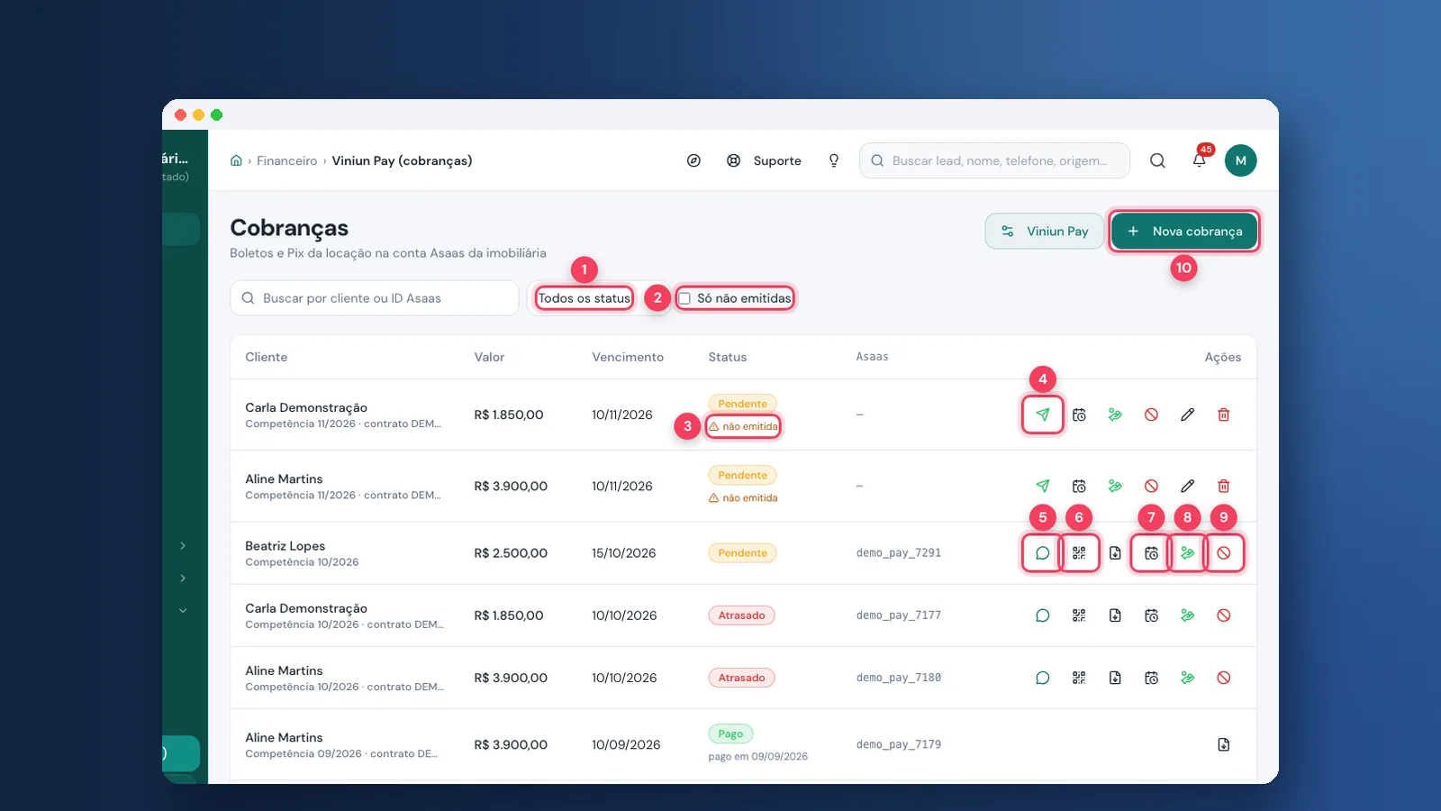 Tutorial: Viniun Pay, cobranças e acordos de dívida
