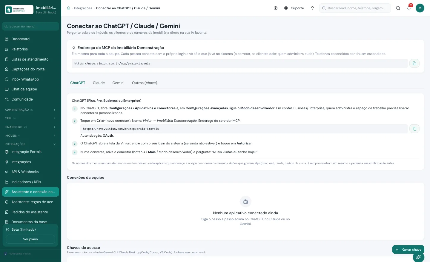 Tela para conectar o CRM imobiliário ao ChatGPT na Viniun, com o endereço MCP e o passo a passo