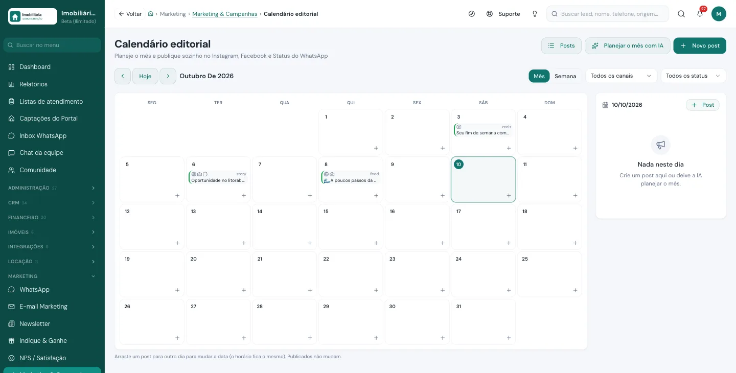 Calendário editorial para imobiliária na Viniun, com visão do mês, posts de feed, story e reels e botão Planejar o mês com IA