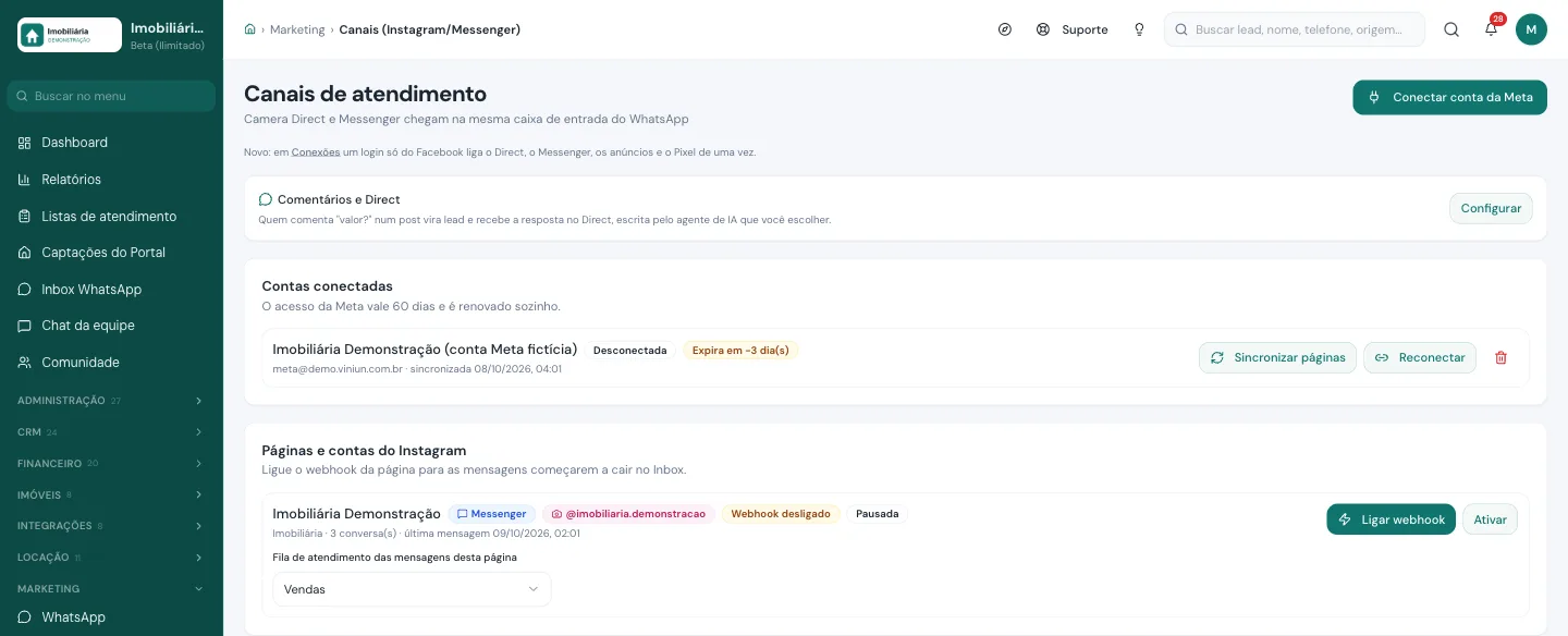 Tela Canais de atendimento com a conta da Meta conectada e a página com Messenger e Instagram ligados ao inbox