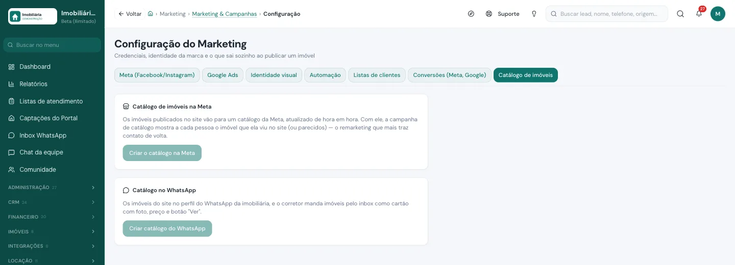 Tela de configuração do catálogo de imóveis na Meta e do catálogo no WhatsApp na Viniun, base do remarketing dinâmico de imóveis