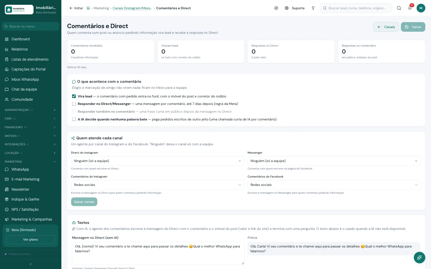 Tela Comentários e Direct da Viniun para responder comentários do Instagram com IA, com indicadores e agente por canal