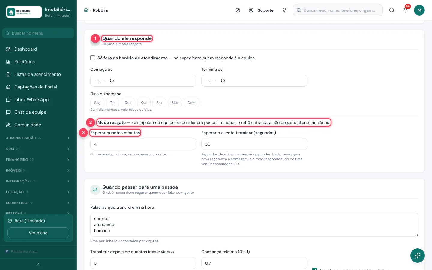 Configuração do robô na Viniun com o modo resgate e os minutos de espera pelo corretor