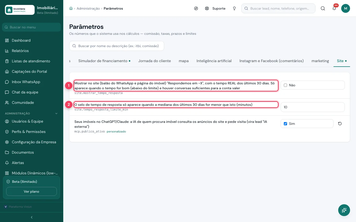 Parâmetros do site na Viniun com a opção de mostrar o selo Respondemos em ~X