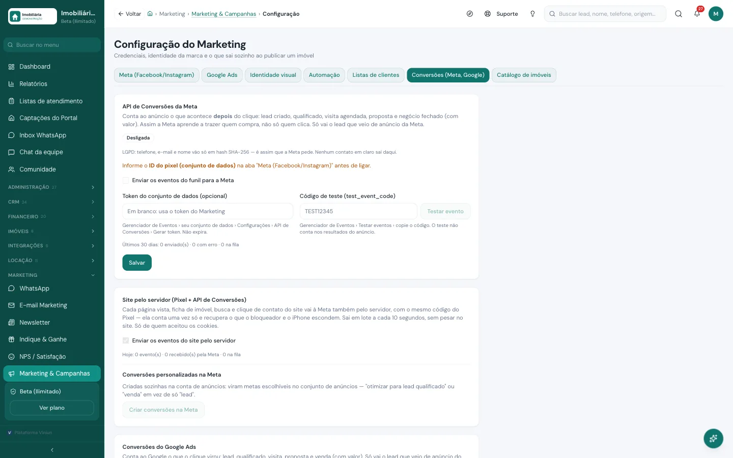 Aba Conversões da Viniun com a API de Conversões da Meta, o site pelo servidor e as conversões personalizadas da imobiliária