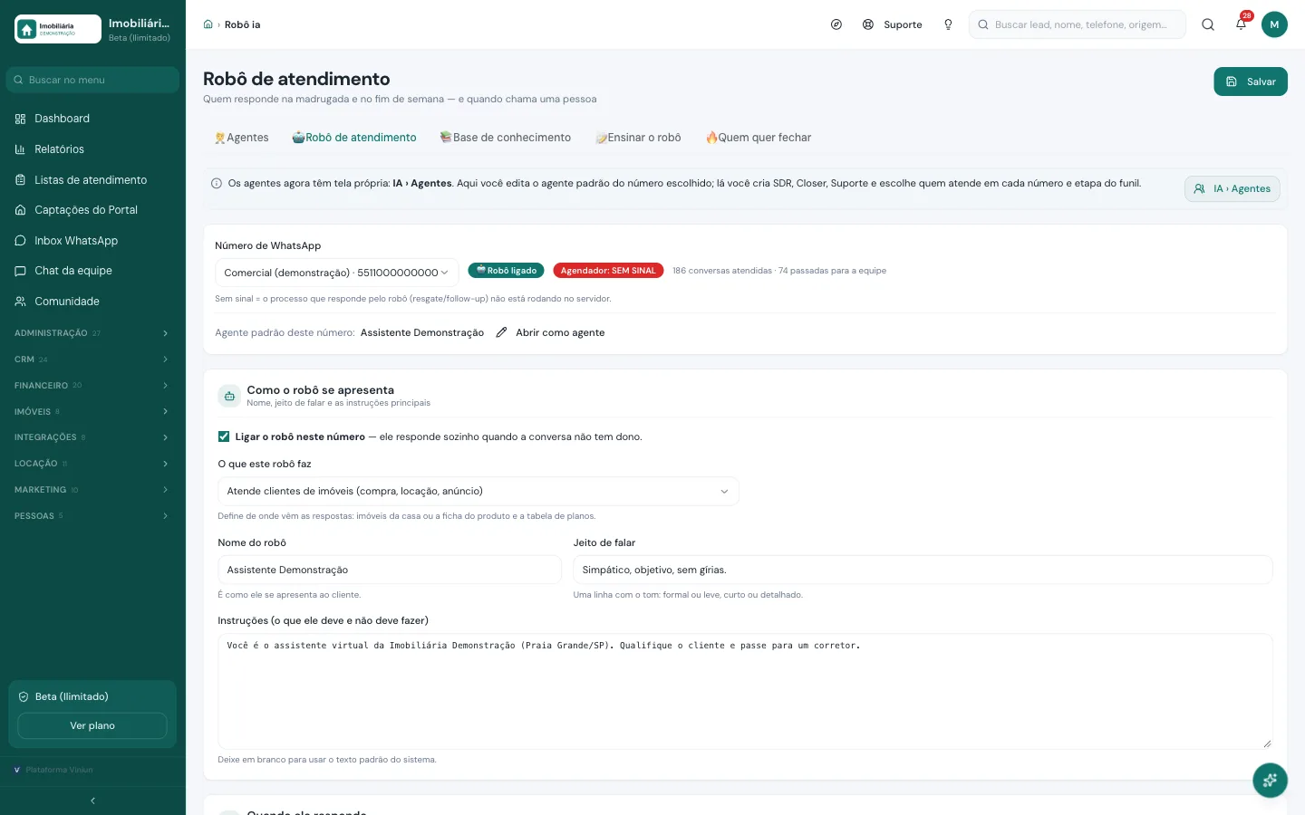 Robô de atendimento com agente de IA no WhatsApp configurado por número da imobiliária