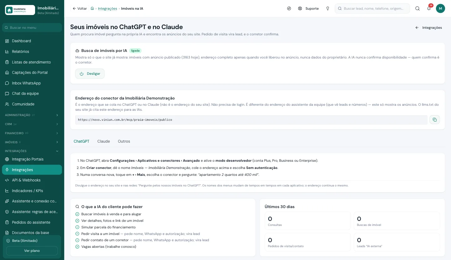 Tela Seus imóveis no ChatGPT e no Claude, com a busca de imóveis por IA ligada e o endereço do conector