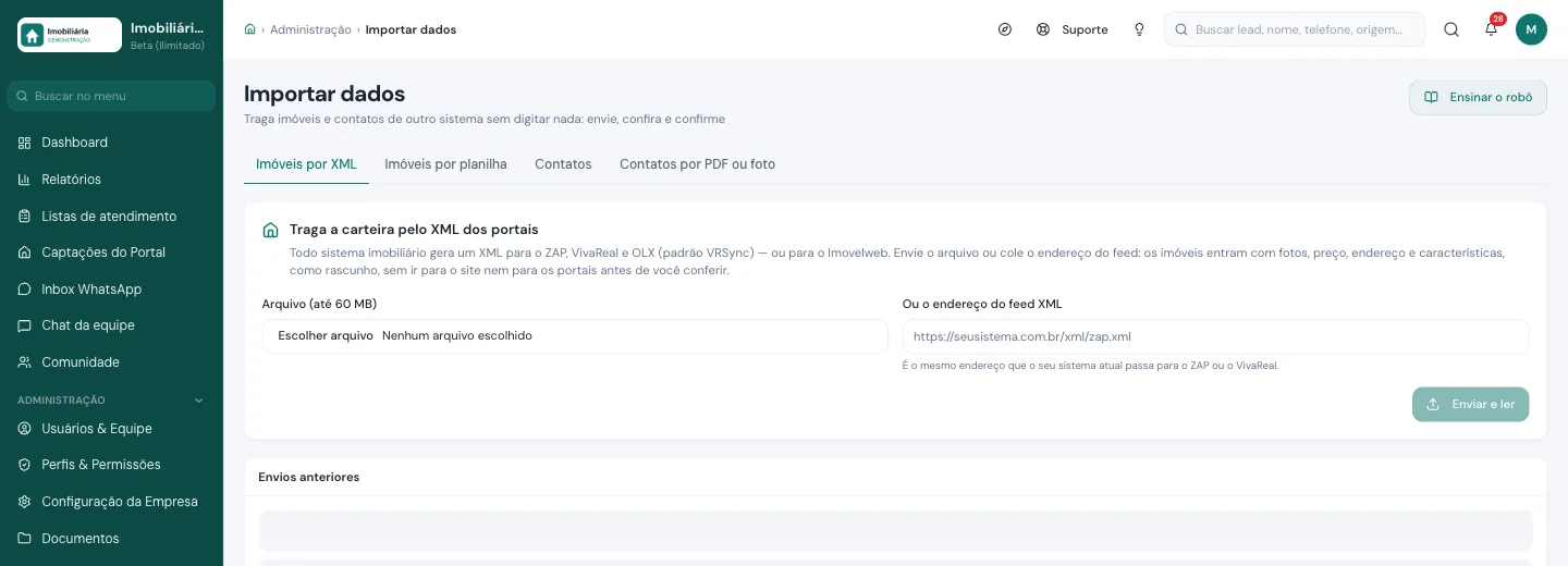 Tela Importar dados da Viniun para importar imóveis e leads por XML, planilha, contatos e PDF ou foto