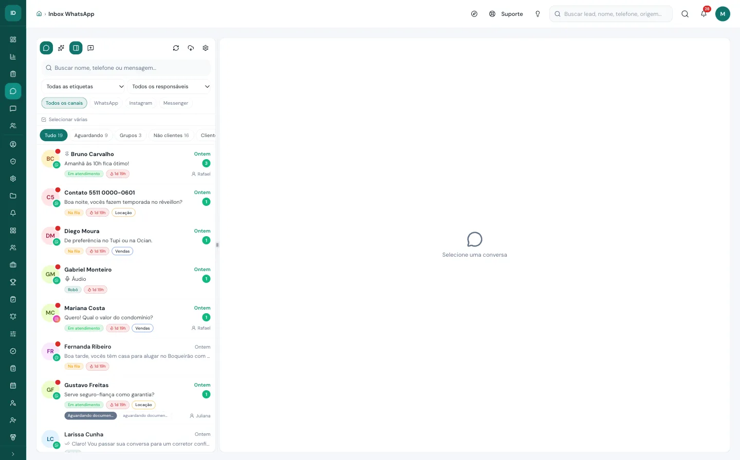 Inbox de WhatsApp da imobiliária na Viniun com filtros por etiqueta, responsável e canal