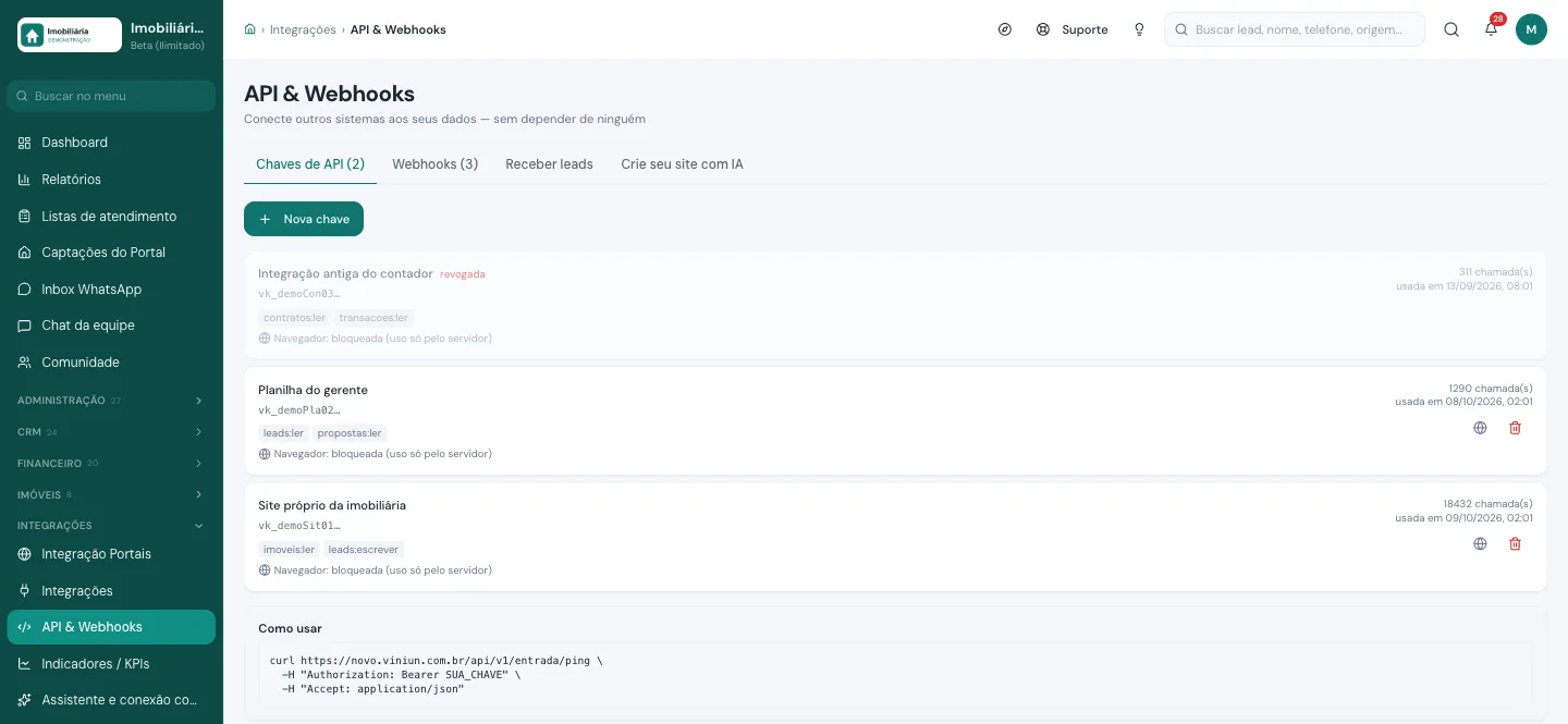 Tela API & Webhooks da Viniun com chaves de API para imobiliária e suas permissões