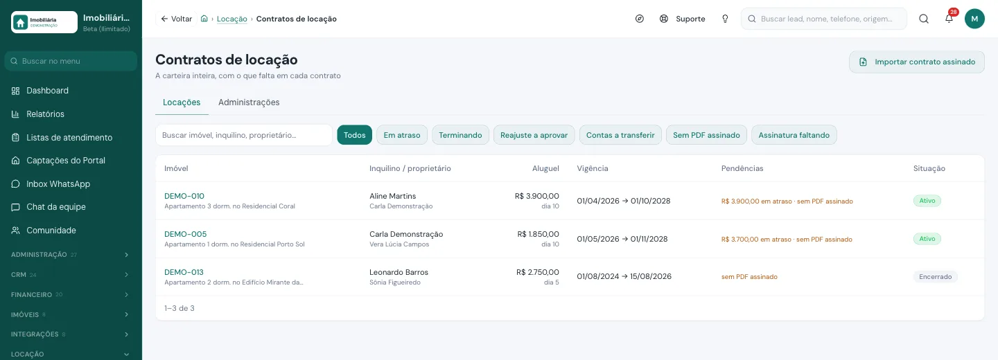 Carteira de contratos de locação com filtros de atraso, reajuste, contas a transferir e PDF assinado