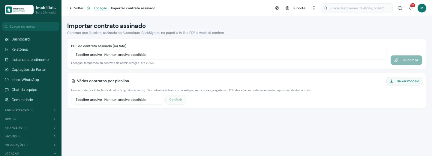 Tela Importar contrato assinado, em que a IA lê o PDF do contrato de locação ou a planilha com vários contratos