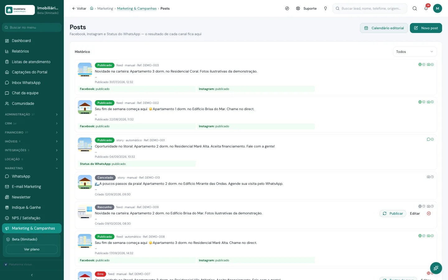 Histórico de posts da imobiliária com o resultado de cada canal: Facebook, Instagram e Status do WhatsApp