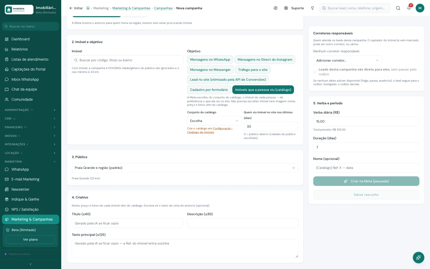 Tela de nova campanha da Viniun com o objetivo Imóveis que a pessoa viu (catálogo) selecionado para remarketing dinâmico