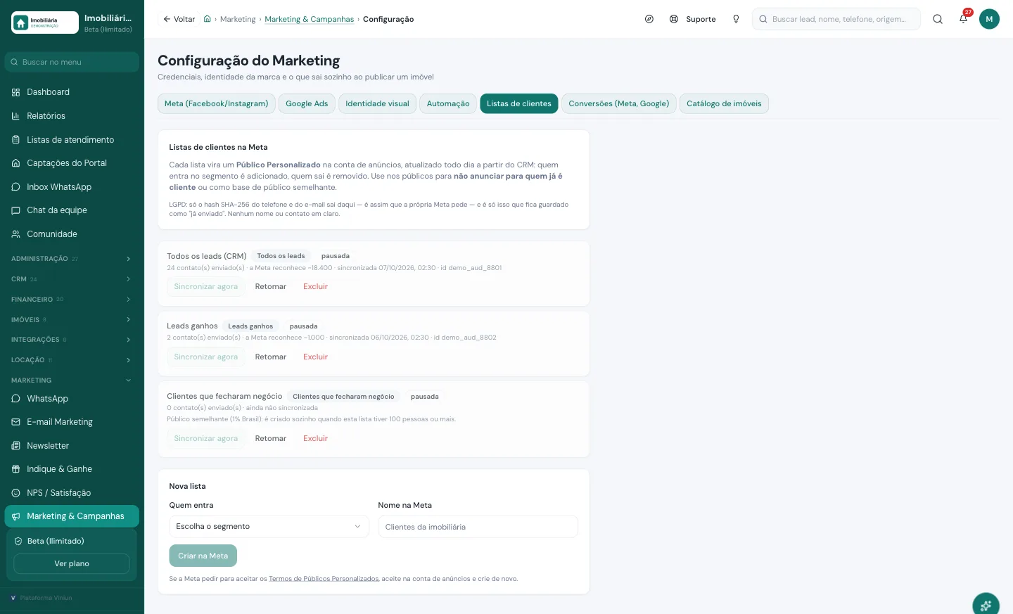 Aba Listas de clientes da Viniun sincronizando os leads do CRM com Públicos Personalizados da Meta