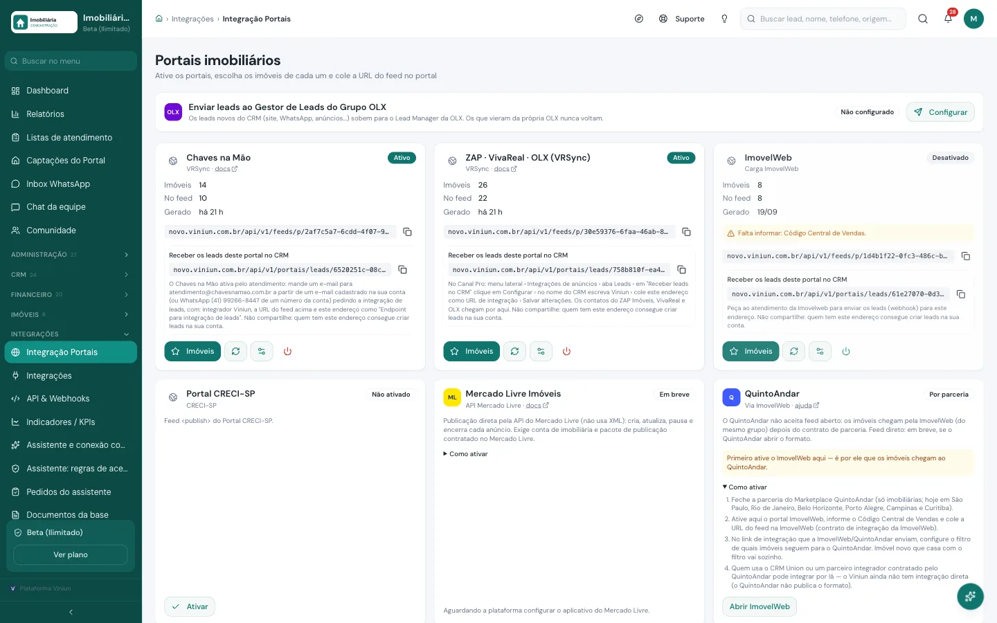 Tela de integração com portais imobiliários na Viniun com Chaves na Mão, ZAP, VivaReal, OLX e Imovelweb ativados