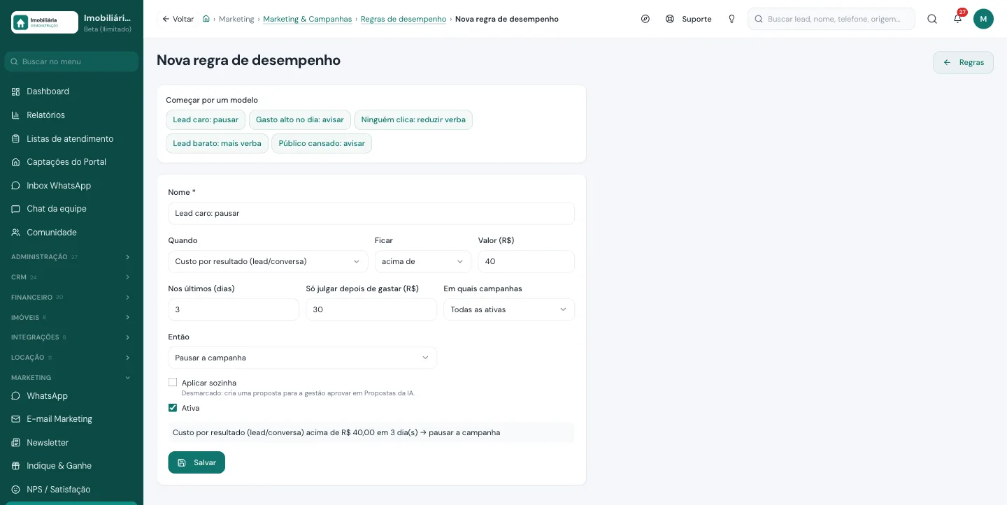 Formulário de nova regra de desempenho de anúncios na Viniun, com modelos prontos como lead caro pausar e lead barato mais verba