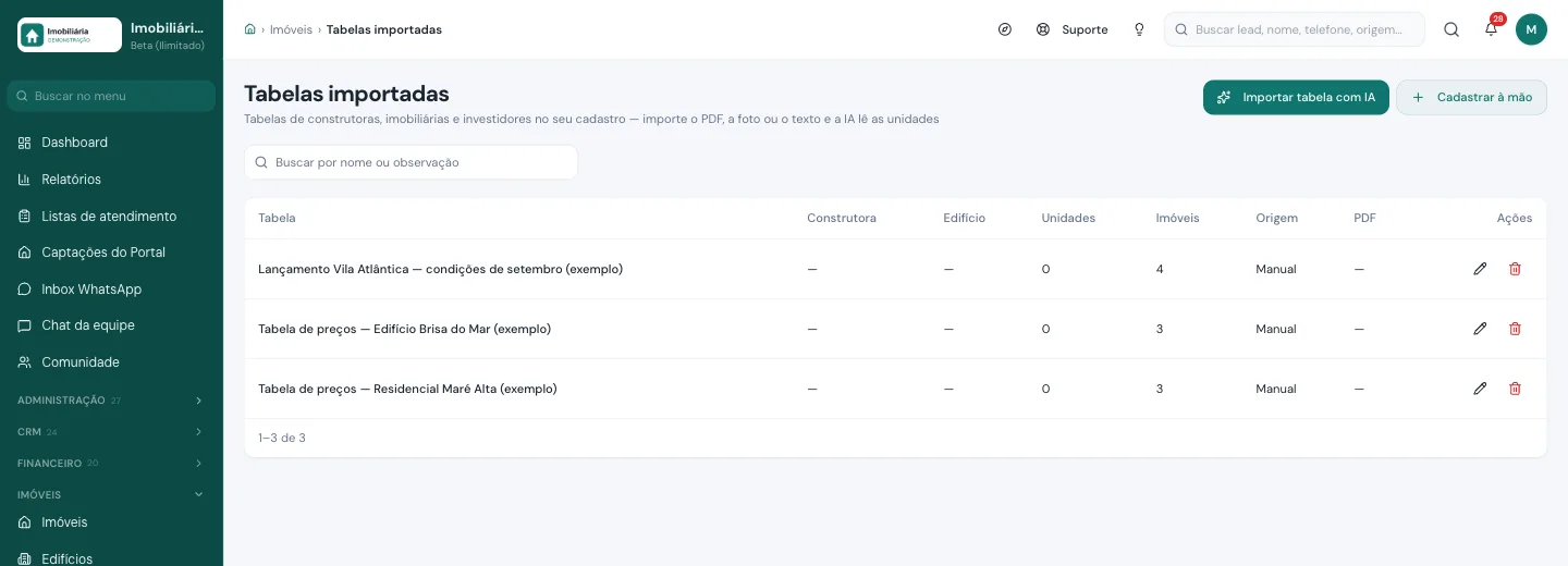 Tela Tabelas importadas da Viniun com o botão Importar tabela com IA para ler o PDF da construtora