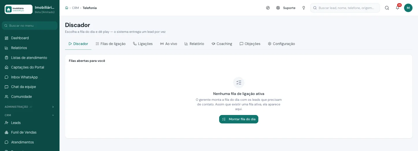 Discador para imobiliária da Viniun com as abas Filas de ligação, Ligações, Ao vivo, Relatório, Coaching e Objeções