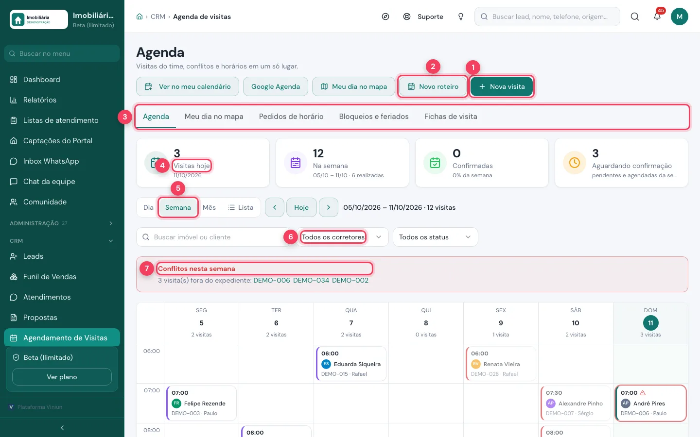 Agenda de visitas em semana com Nova visita, Novo roteiro, abas, contadores, visões, filtro de corretor e aviso de conflitos marcados