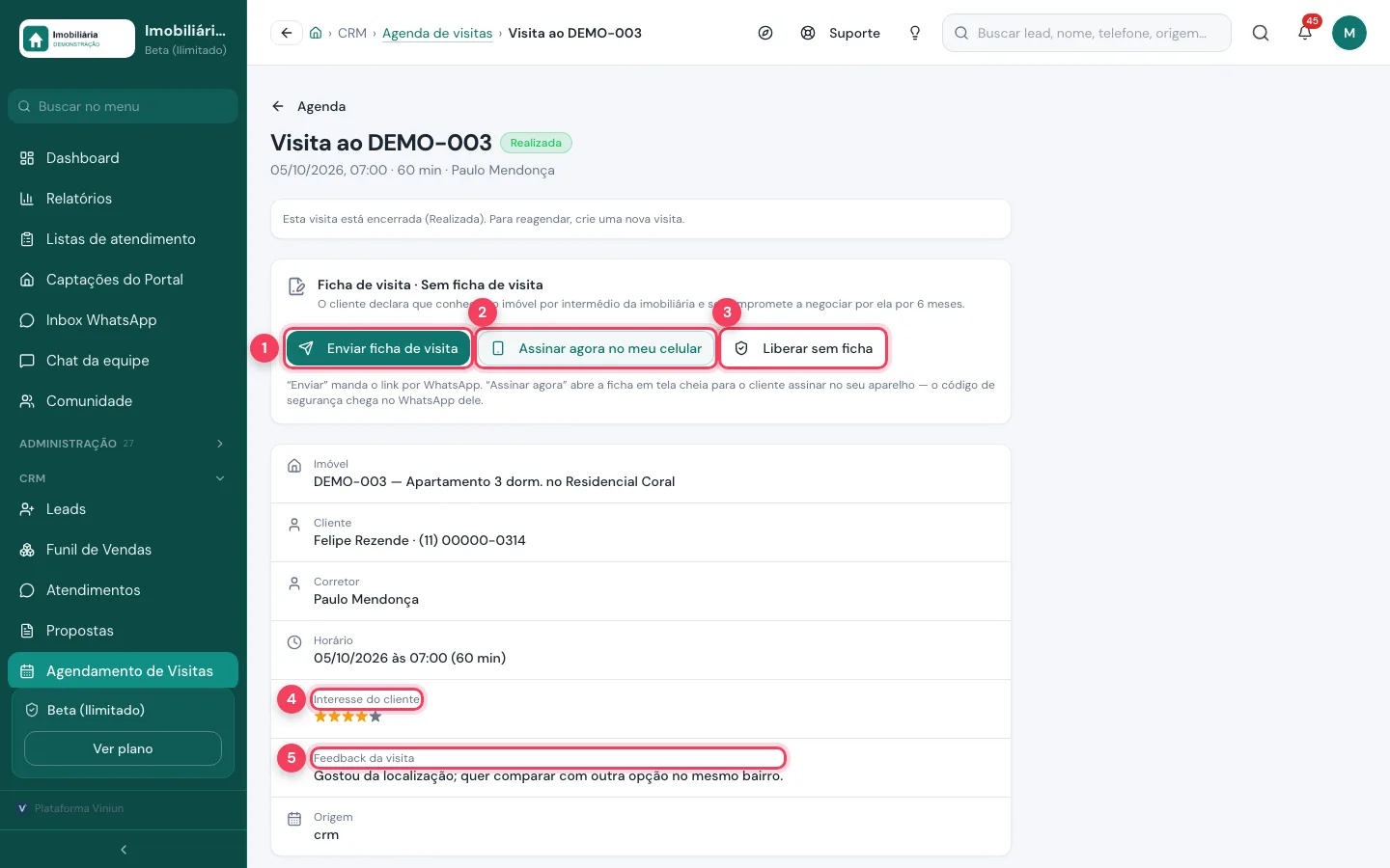 Tela da visita com os botões da ficha de visita, interesse do cliente e feedback marcados