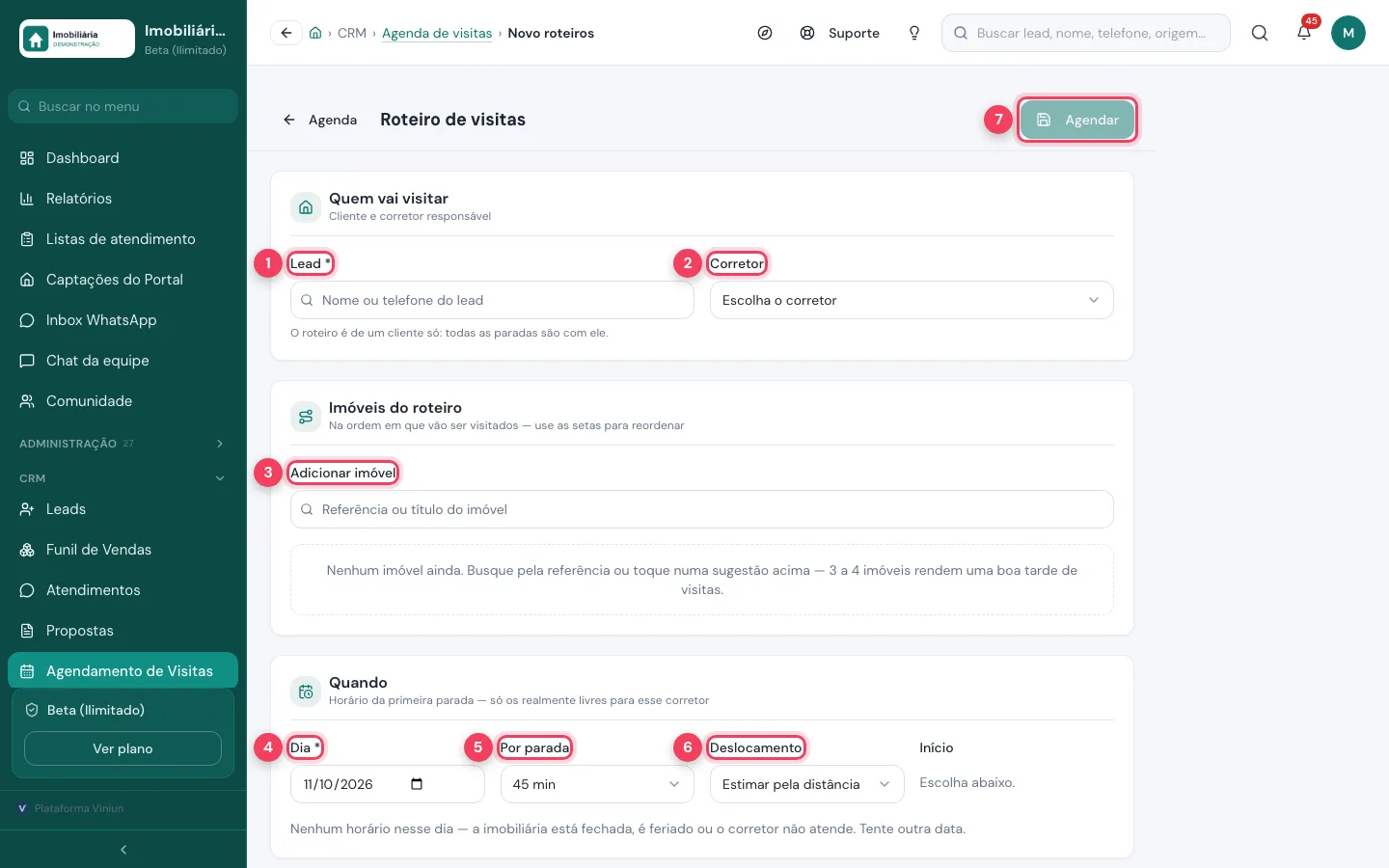 Formulário Roteiro de visitas com lead, corretor, adicionar imóvel, dia, tempo por parada, deslocamento e Agendar marcados