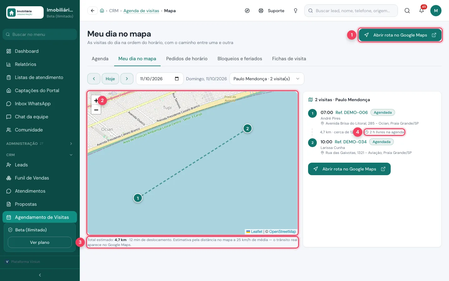 Meu dia no mapa com botão do Google Maps, mapa das visitas, total estimado e horas livres marcados
