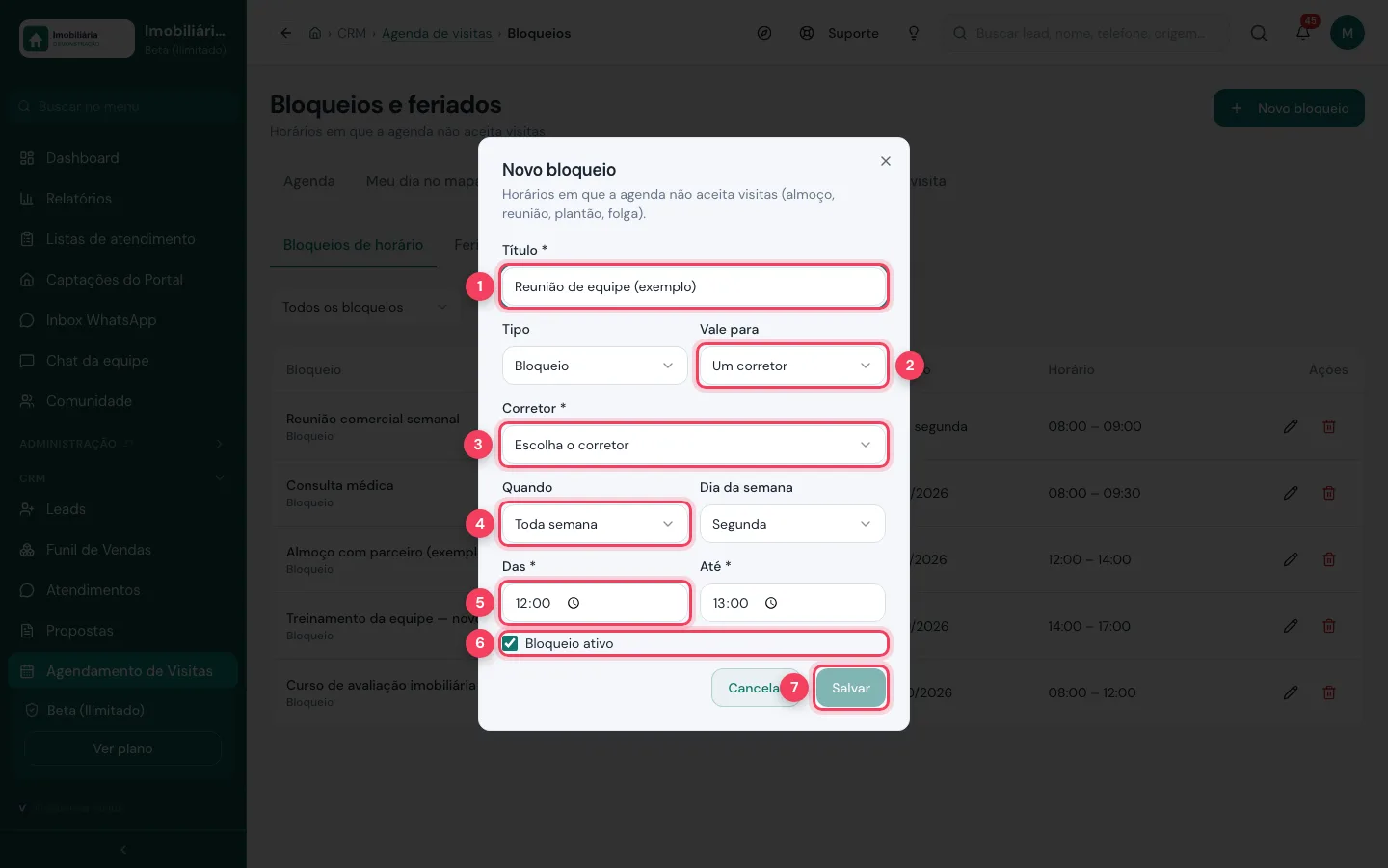 Janela Novo bloqueio com título, vale para, corretor, quando, horário, bloqueio ativo e Salvar marcados