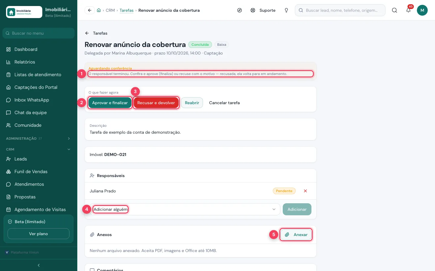 Tarefa aguardando conferência com aviso, Aprovar e finalizar, Recusar e devolver, Adicionar alguém e Anexar marcados