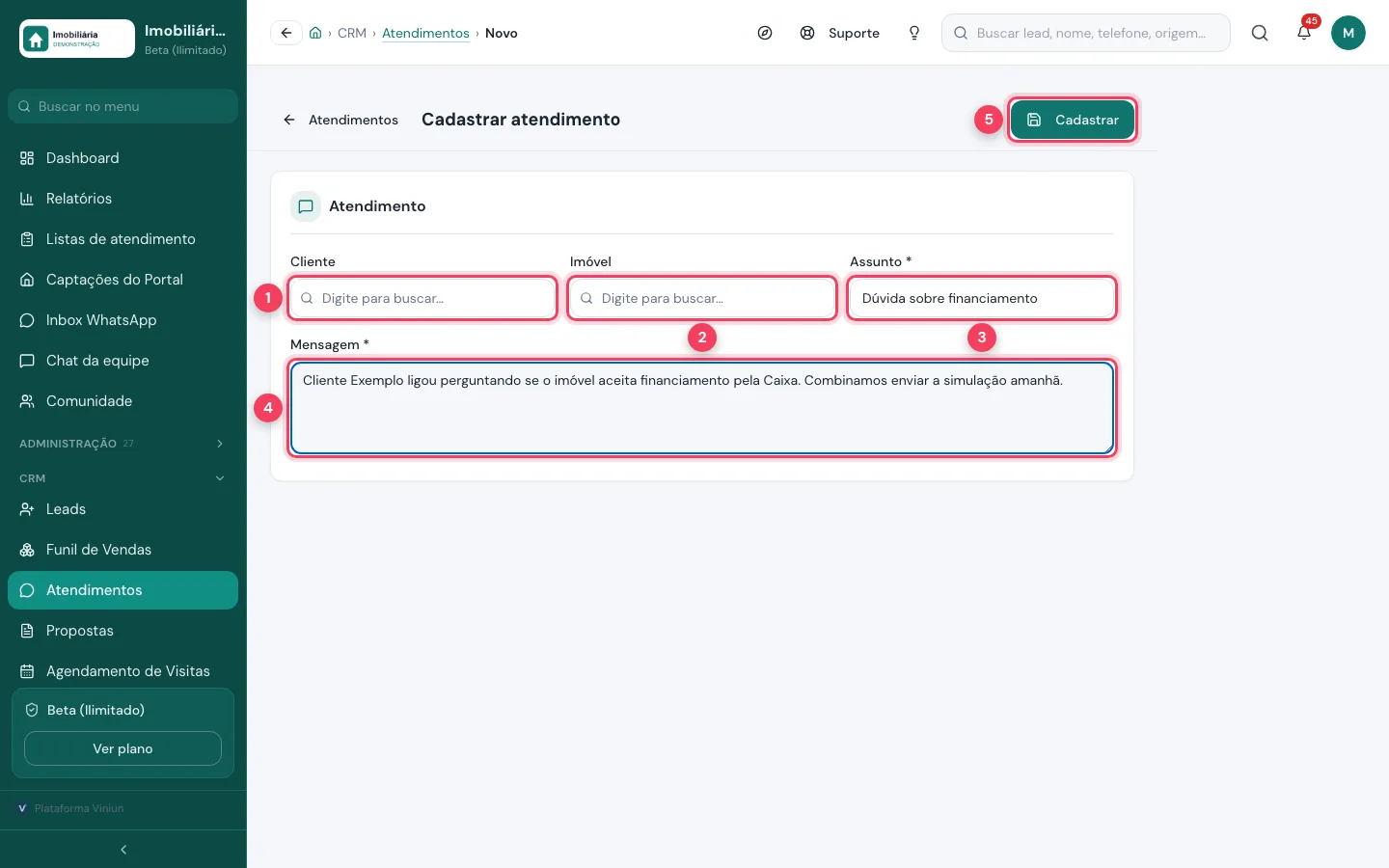 Formulário Cadastrar atendimento com cliente, imóvel, assunto, mensagem e Cadastrar marcados
